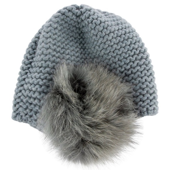 Inverni Blue Cashmere Beanie with Fur Pom - Picture 2 of 4